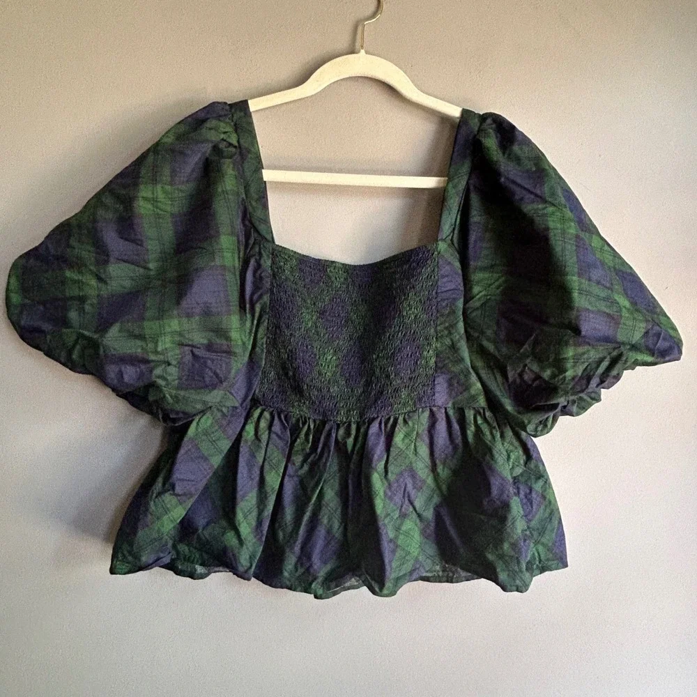 Old Navy Womens XL Green Navy Plaid‎ Puff Sleeve Smocked Peplum Blouse Top